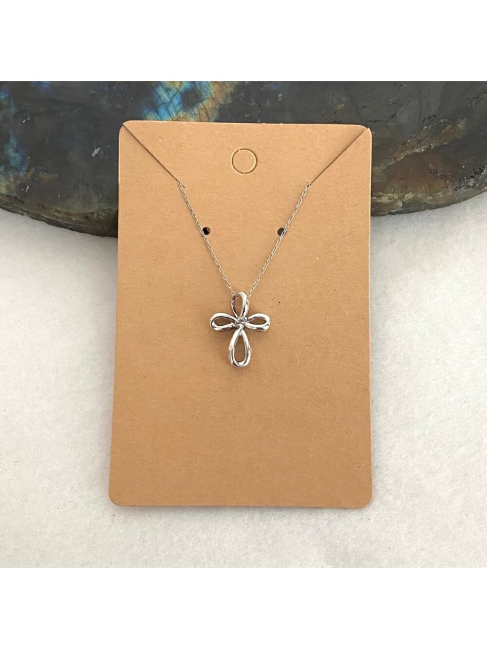 Sterling Silver 925 AFJC Diamond Ribbon Cross Pendant Necklace 20" Chain